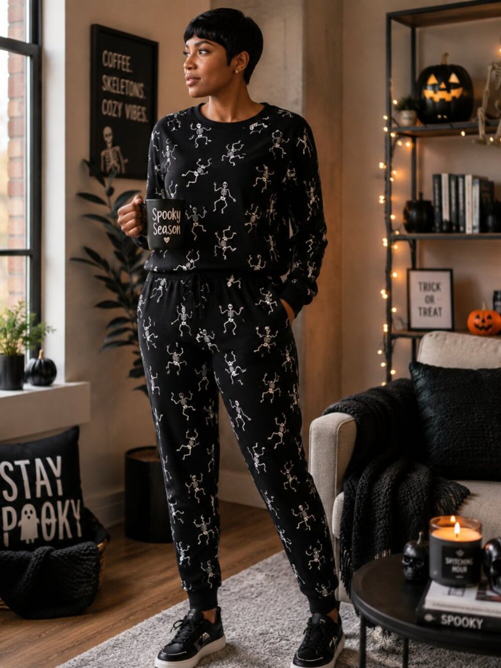 NWT Jane + Delancey Womens Large Skeleton Halloween Sweatshirt Jogger Lounge Set